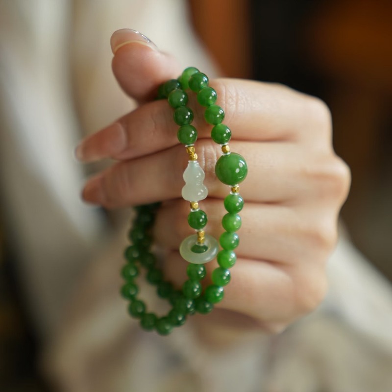 Women Accessories Bracelet - 천연 옥 녹색 더블 서클 조롱박