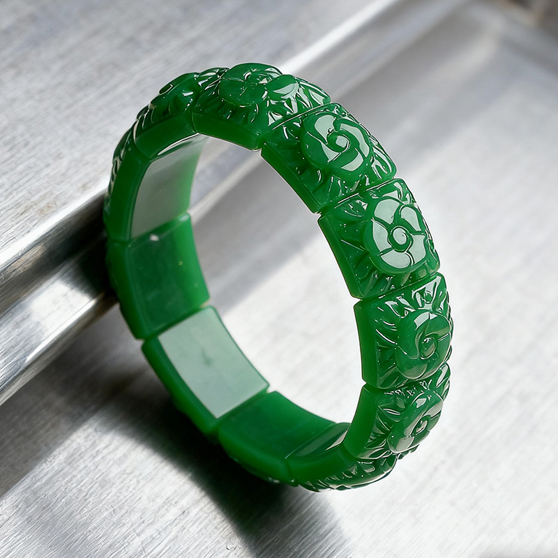 Women Accessories Bracelet - 진짜 옥 꽃 팔찌 디자이너 빈티지