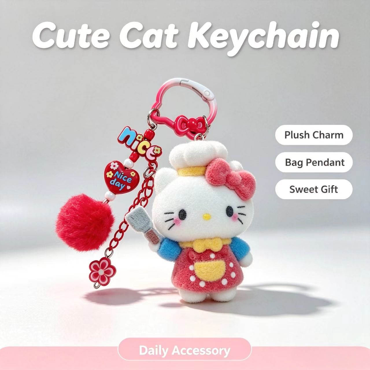 패션 플록드 고양이 키체인 귀여운 셰프 피규어 가방 액 - Women Accessories Pack 리뷰 및 가격
